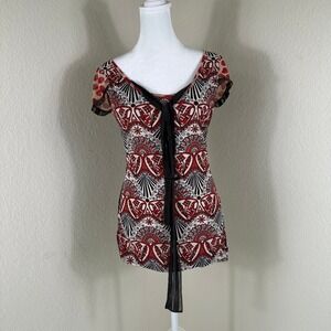 ANAC VTG Mesh Top Women Small Red Mixed Print Y2K Whimsigoth Fairy Grunge Retro